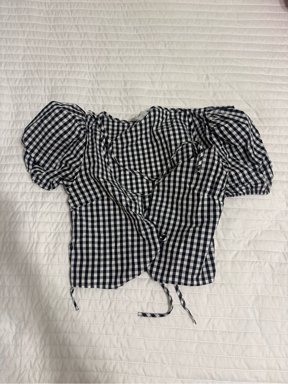 Abound Black & White Gingham Puff Sleeve Wrap Top